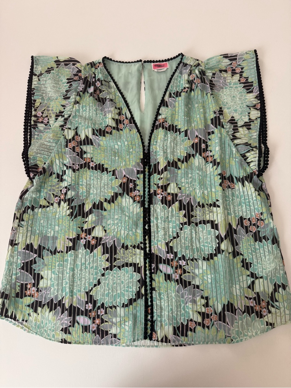 kate spade Black & Mint Botanical Pleated Flutter Top